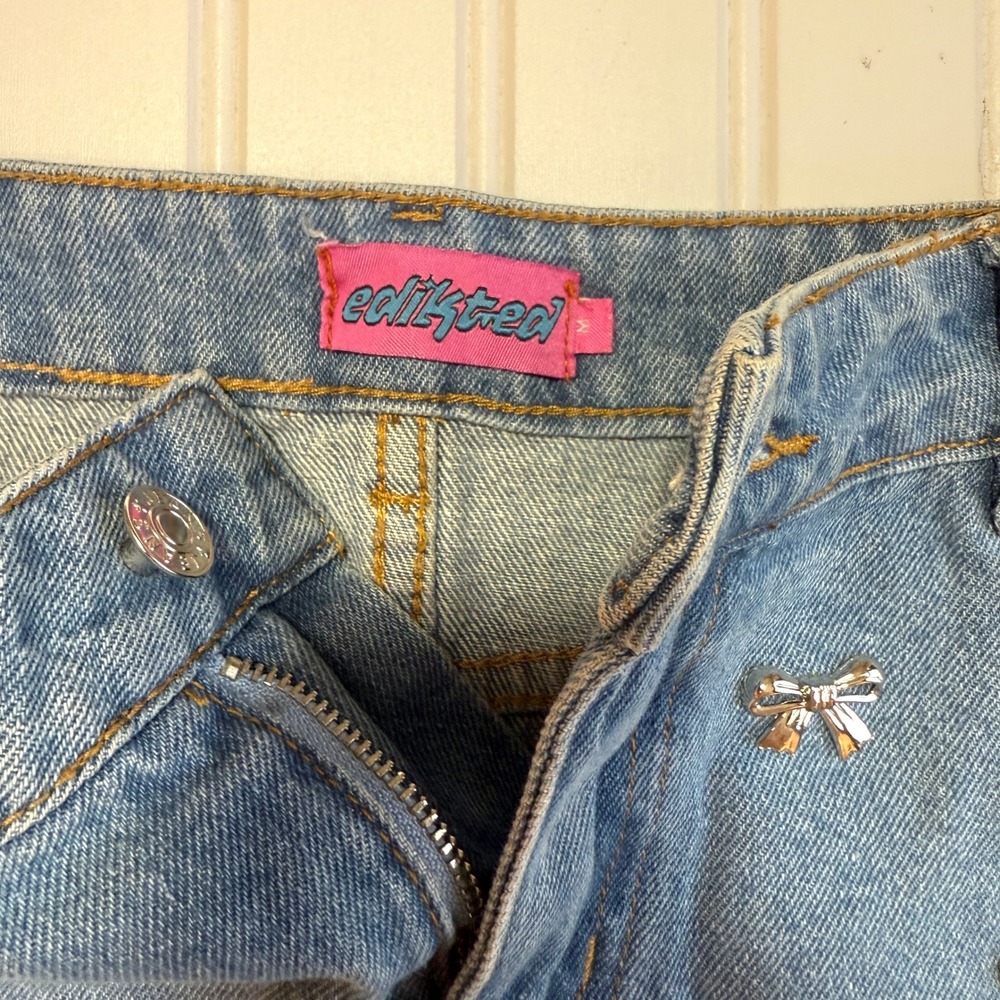 Edikted Elysse Embellished Denim Mini Skirt Y2K 00s Style Silver Bows M - Picture 6 of 9